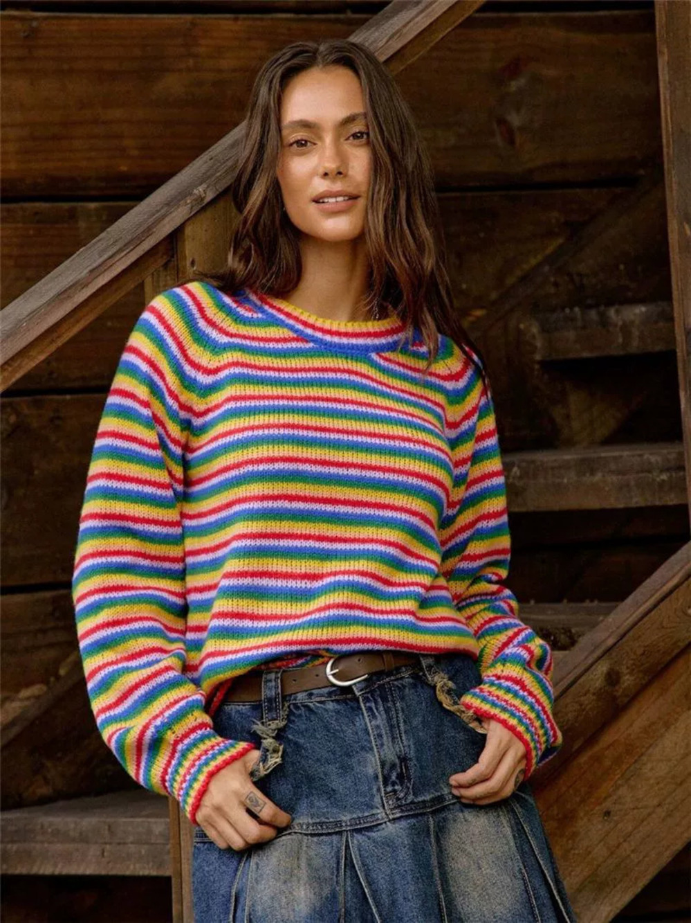 Zara New Rainbow Stripe Knit Sweater Retro Round Neck Long Sleeve Loose